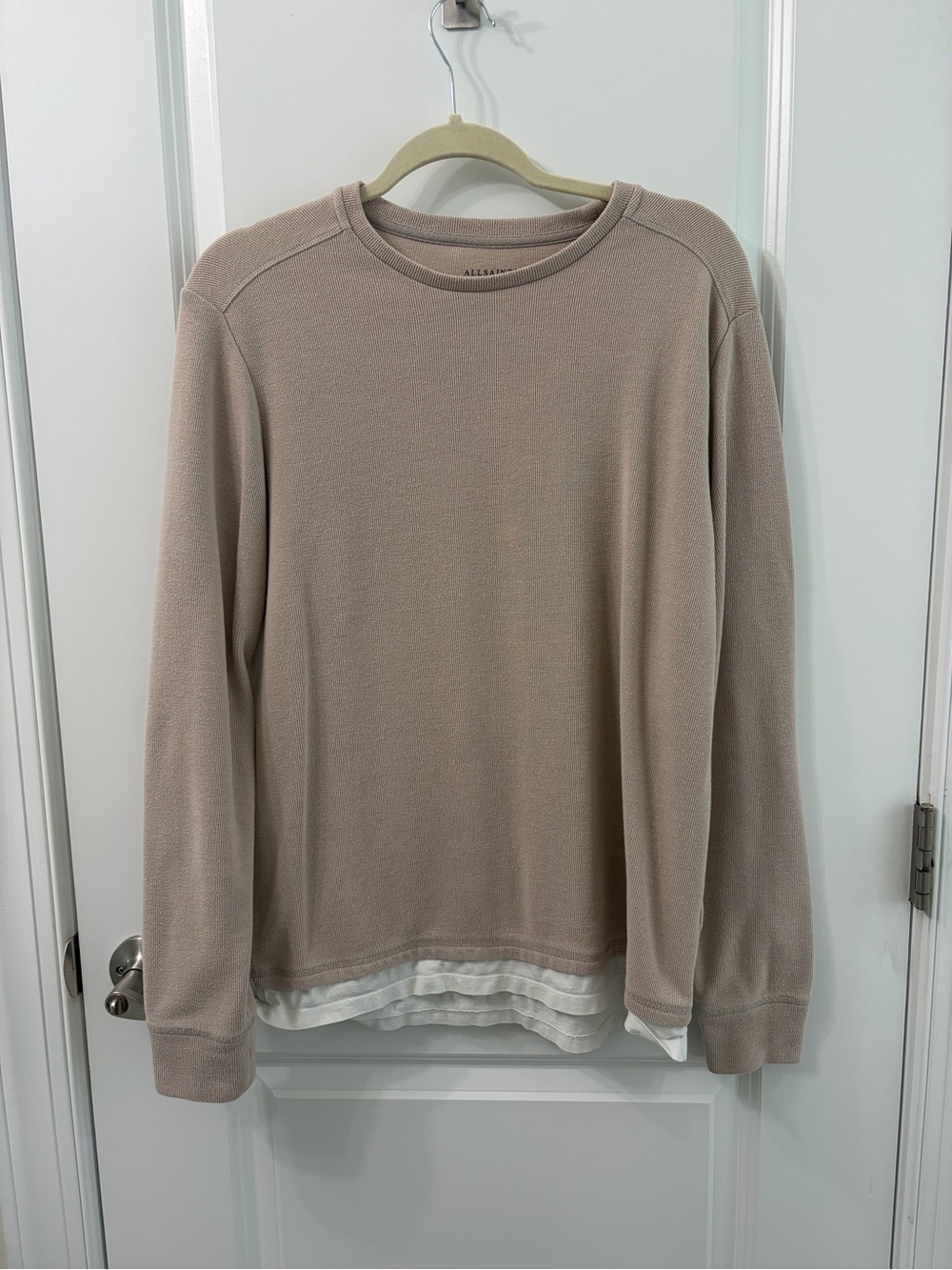 AllSaints Beige Ribbed Crewneck Sweatshirt with Faux Layer